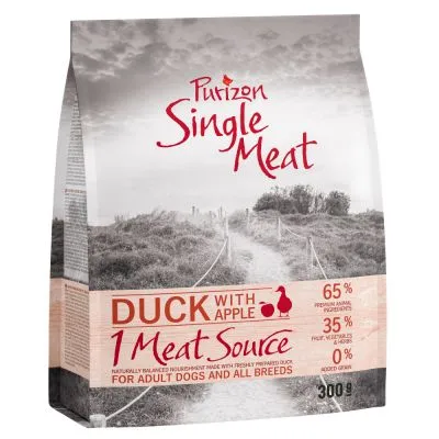 Purizon Single Meat Duck with Apple, 1 Meat Source, 65 % protéines animales, 35 % fruits/légumes/herbes, 0 % céréales ajoutées, 300 g. Pour chiens adultes toutes races.