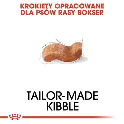 KROKIETY OPRACOWANE DLA PSÓW RASY BOKSER. TAILOR-MADE KIBBLE. Przedstawiono pojedynczy krokiet o nieregularnym kształcie.