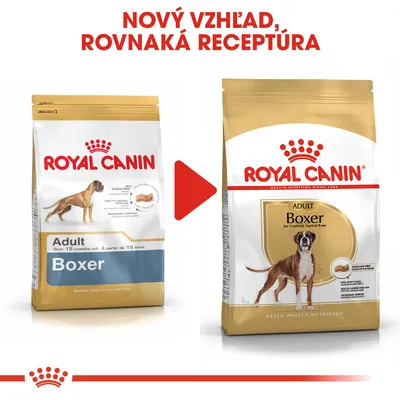 Porovnanie starého a nového balenia krmiva Royal Canin Adult Boxer s textom: Nový vzhľad, rovnaká receptúra. Viditeľné oba obaly a názov produktu.