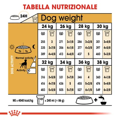 Tabella nutrizionale: dosi giornaliere in grammi e cup per cani da 24 a 38 kg, suddivise per livello di attività. 1 cup = 240 ml (≈86 g). ME=4040 kcal/kg.