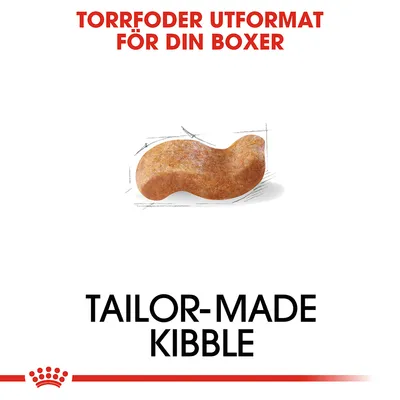 Text: Torrfoder utformat för din boxer. Bild på en formad torrfoderbit. Text: Tailor-made kibble.