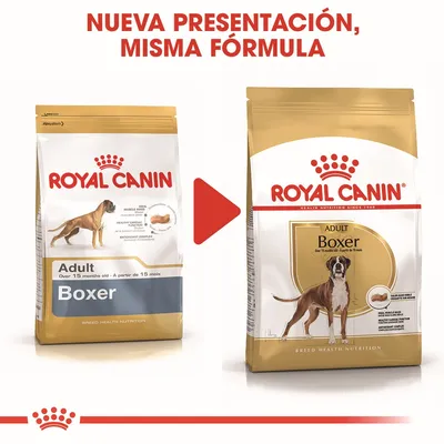 Cambio de envase de Royal Canin Adult Boxer, misma fórmula. Se muestran dos bolsas: diseño antiguo a la izquierda y nuevo a la derecha, ambos para perros Boxer adultos desde 15 meses.