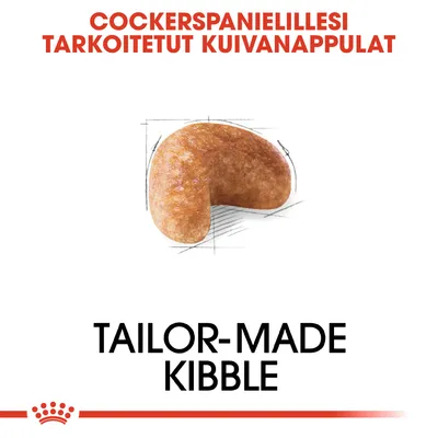 Cockerspanielillesi tarkoitetut kuivanappulat. Tailor-made kibble. Kuvassa yksittäinen nappula.