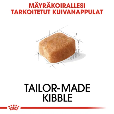 MÄYRÄKOIRALLESI TARKOITETUT KUIVANAPPULAT, yksi nappula. Teksti: TAILOR-MADE KIBBLE. Kuvassa Royal Canin -tyylinen kruunu alareunassa.