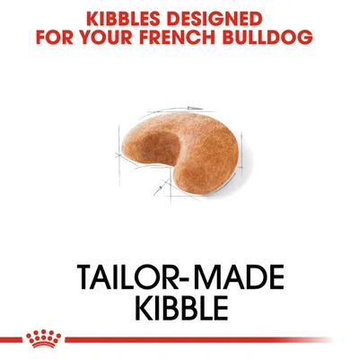 KIBBLES DESIGNED FOR YOUR FRENCH BULLDOG, TAILOR-MADE KIBBLE. Kuvassa yksittäinen nappula. Teksti englanniksi.