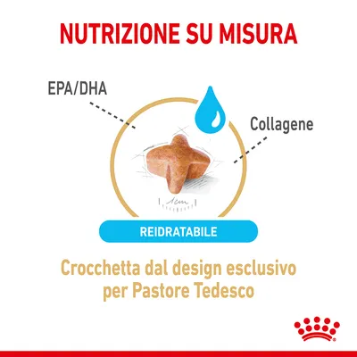 Crocchetta reidratabile con design esclusivo per Pastore Tedesco, indicata la presenza di EPA/DHA e collagene. Testo: Nutrizione su misura.