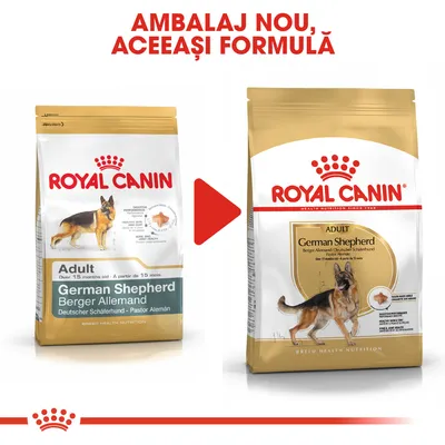 Pungi de hrană uscată pentru câini Royal Canin German Shepherd Adult, ambalaj vechi și nou. Text sus: Ambalaj nou, aceeași formulă.