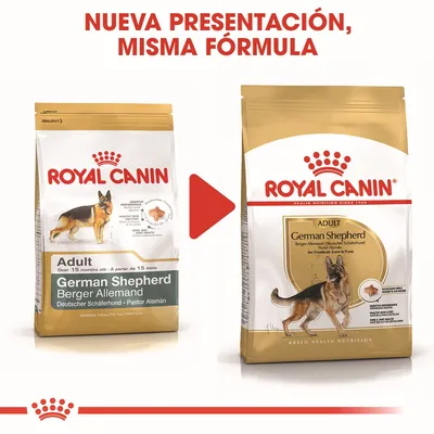 Comparativa de dos envases de Royal Canin German Shepherd Adult con texto: 'Nueva presentación, misma fórmula'. Se muestra el cambio de diseño del paquete, manteniendo la marca y producto.