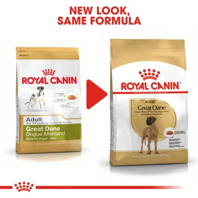 Royal Canin Great Dane Adult food packaging change shown side by side with text: New look, same formula.