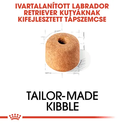 Ivartalanított labrador retriever kutyáknak kifejlesztett tápszemcse. Tailor-made kibble felirat, egy darab tápszem látható.