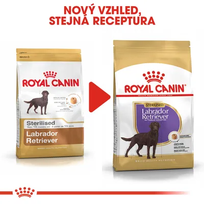 Porovnání starého a nového obalu krmiva Royal Canin Sterilised Labrador Retriever. Nápis: Nový vzhled, stejná receptura.