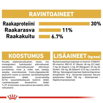 Ravintoaineet: raakaproteiini 30 %, raakarasva 11 %, raakakuitu 6,7 %. Koostumus ja lisäaineet lueteltu, kuten siipikarjanvalkuainen, maissi, riisi, vitamiinit ja kivennäisaineet.