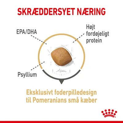 SKRÆDDERSYET NÆRING. EPA/DHA, Psyllium, Højt fordøjeligt protein. Eksklusivt foderpilledesign til Pomeranians små kæber. Foderpille vist med mål 1 cm.