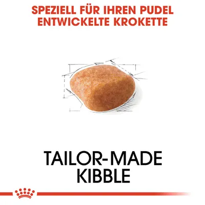 Texte en haut : Speziell für Ihren Pudel entwickelte Krokette. Au centre, une croquette. Texte en bas : Tailor-made kibble.