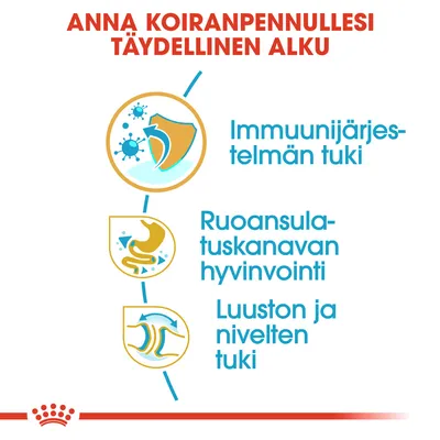 Anna koiranpennullesi täydellinen alku. Immuunijärjestelmän tuki, ruoansulatuskanavan hyvinvointi, luuston ja nivelten tuki.