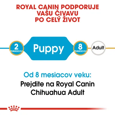 Royal Canin podporuje vašu čivavu po celý život. Od 8 mesiacov veku: Prejdite na Royal Canin Chihuahua Adult. Puppy od 2 do 8 mesiacov, potom Adult.