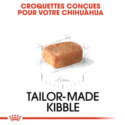 Croquettes conçues pour votre chihuahua, visuel d’une croquette de 1 cm. Texte en anglais : Tailor-made kibble.