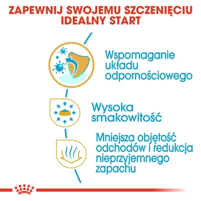 Wspomaganie układu odpornościowego, wysoka smakowitość, mniejsza objętość odchodów i redukcja nieprzyjemnego zapachu – kluczowe zalety produktu dla szczeniąt.