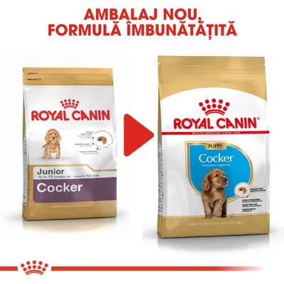 Comparare ambalaj vechi și nou pentru Royal Canin Cocker Junior/Puppy, cu text: Ambalaj nou, formulă îmbunătățită. Ambele pungi prezintă imaginea unui cățel și denumirea produsului.