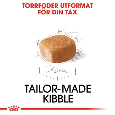 Text: Torrfoder utformat för din tax. Bild på ett torrfoderkroket med mått 1 cm. Text: Tailor-made kibble.