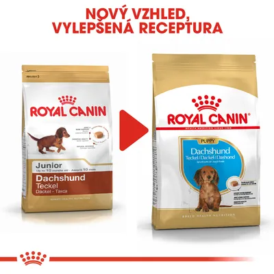 Porovnání starého a nového balení krmiva Royal Canin pro štěňata jezevčíka. Text: Nový vzhled, vylepšená receptura. Na obou obalech nápis Dachshund.