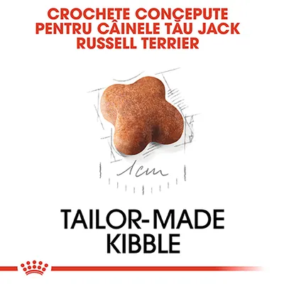 Crochete concepute pentru câinele tău Jack Russell Terrier, dimensiune 1 cm, text: TAILOR-MADE KIBBLE.