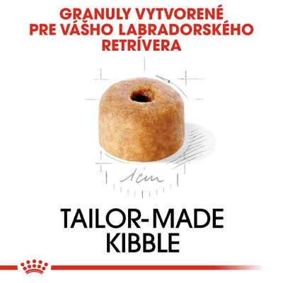 Granuly vytvorené pre vášho labradorského retrívera, zobrazená jedna granula s priemerom 1 cm. Text: TAILOR-MADE KIBBLE.