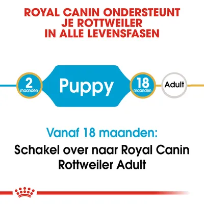 Royal Canin ondersteunt je Rottweiler in alle levensfasen. Puppy: 2–18 maanden. Vanaf 18 maanden: schakel over naar Royal Canin Rottweiler Adult.