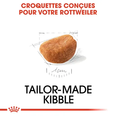 Croquettes conçues pour votre Rottweiler, croquette illustrée d’environ 1 cm, texte en anglais : Tailor-made kibble. Texte partiellement en anglais.