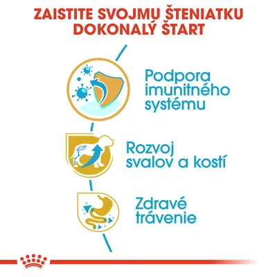 Zaistite svojmu šteniatku dokonalý štart: Podpora imunitného systému, rozvoj svalov a kostí, zdravé trávenie. Text s ikonami pre benefity krmiva.