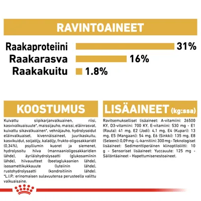 Ravintoarvot: raakaproteiini 31 %, raakarasva 16 %, raakakuitu 1,8 %. Koostumus ja lisäaineet lueteltu, kuten siipikarjanvalkuainen, riisi, vitamiinit ja kivennäisaineet.