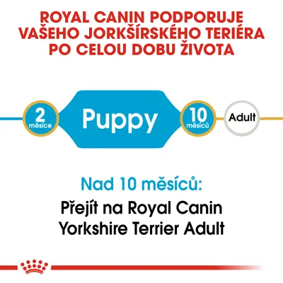 Royal Canin podporuje jorkšírského teriéra po celý život. Puppy 2–10 měsíců, poté přejít na Royal Canin Yorkshire Terrier Adult.