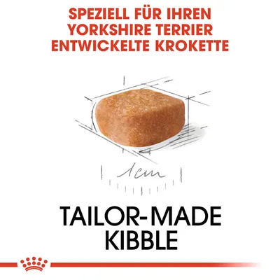 Posebej za Yorkshire Terrierja oblikovana briketka, prilagojena velikosti 1 cm. Tekst: Tailor-Made Kibble.