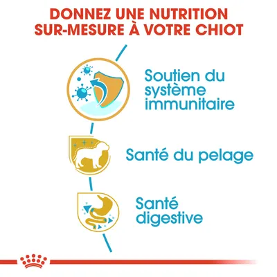 Texte : Donnez une nutrition sur-mesure à votre chiot. Soutien du système immunitaire, santé du pelage, santé digestive. Trois icônes illustrent chaque bénéfice.
