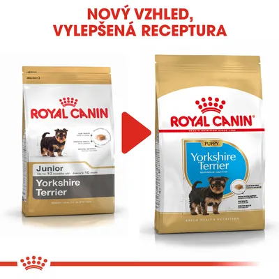 Porovnání starého a nového balení krmiva Royal Canin Yorkshire Terrier pro štěňata, nápis: Nový vzhled, vylepšená receptura.