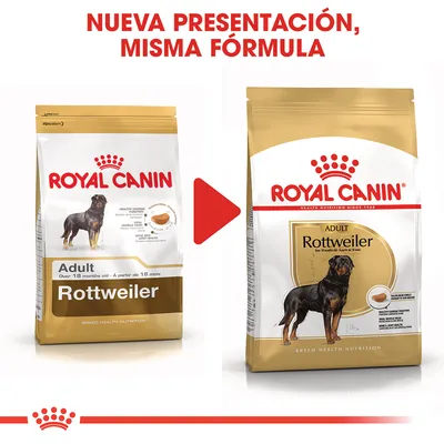 Comparativa de dos envases de Royal Canin Adult Rottweiler, con texto: 'Nueva presentación, misma fórmula'. Imagen muestra cambio de diseño del paquete, no la composición.