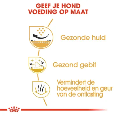 Geef je hond voeding op maat. Gezonde huid, gezond gebit, vermindert de hoeveelheid en geur van de ontlasting.