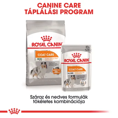 Royal Canin Coat Care száraz és nedves kutyaeledel csomagolás, Canine Care táplálási program. Száraz és nedves formulák tökéletes kombinációja felirattal.