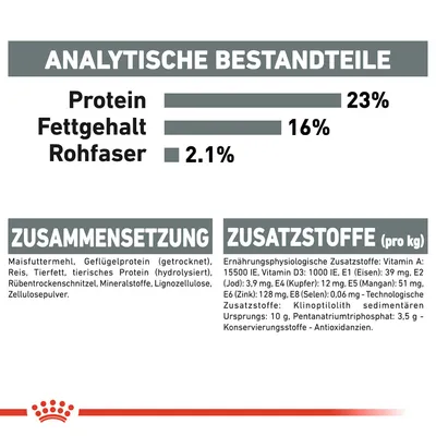 Analytiska beståndsdelar: protein 23 %, fettinnehåll 16 %, råfiber 2,1 %. Sammansättning: majsmjöl, fjäderfäprotein, ris. Tillsatser per kg: vitamin A 15500 IE, järn 39 mg, zink 128 mg.