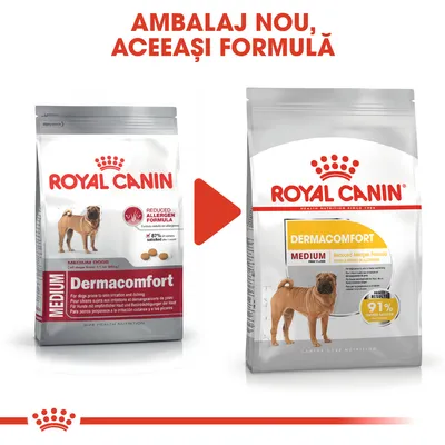 Comparare ambalaj vechi și nou Royal Canin Dermacomfort Medium pentru câini, text vizibil: 'Ambalaj nou, aceeași formulă', 'Reduced Allergen Formula', '91% câini satisfăcuți'.