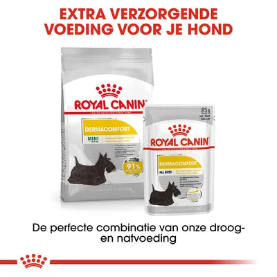 Royal Canin Dermacomfort Mini droogvoer en Dermacomfort All Sizes natvoeding voor honden, tekst: extra verzorgende voeding voor je hond, perfecte combinatie van droog- en natvoeding.