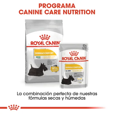 ROYAL CANIN DERMACOMFORT MINI y ALL SIZES, envases de pienso seco y comida húmeda para perros. Texto: Programa Canine Care Nutrition. La combinación perfecta de fórmulas secas y húmedas.