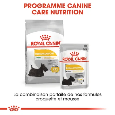 Royal Canin Dermacomfort MINI croquettes et ALL SIZES mousse, 85 g. Texte visible : Programme Canine Care Nutrition, combinaison parfaite de nos formules croquette et mousse.