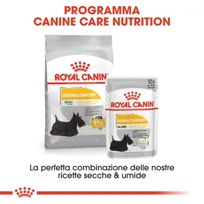 ROYAL CANIN DERMACOMFORT MINI e ALL SIZES, confezioni di crocchette e cibo umido per cani. Testo: La perfetta combinazione delle nostre ricette secche & umide.