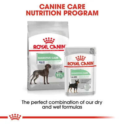 Royal Canin Digestive Care dry and wet food shown with text: Canine Care Nutrition Program. Improves stool quality. 97% satisfaction. The perfect combination of our dry and wet formulas.