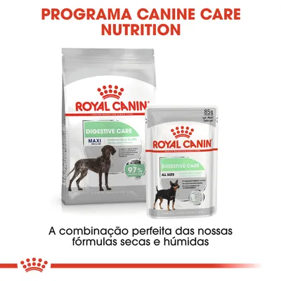 Royal Canin Digestive Care MAXI ração seca e Digestive Care All Sizes alimento húmido para cães. Texto: Programa Canine Care Nutrition. A combinação perfeita das nossas fórmulas secas e húmidas.
