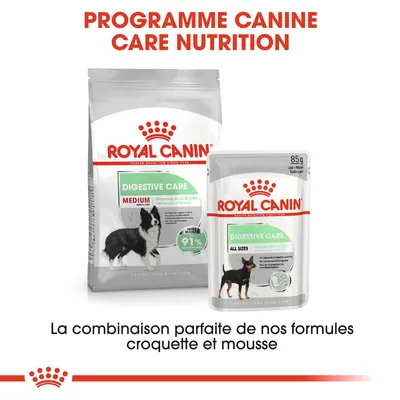 Royal Canin Digestive Care Medium croquettes et sachet mousse All Sizes, programme canine care nutrition, 91 % amélioration qualité des selles, 85 g. Texte : combinaison parfaite croquette et mousse.
