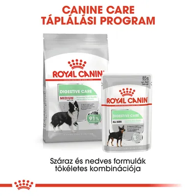 Royal Canin Digestive Care Medium száraz és Digestive Care All Sizes nedves kutyaeledel csomagolás, 91% emésztési minőség javulás felirattal. Száraz és nedves formulák kombinációja.