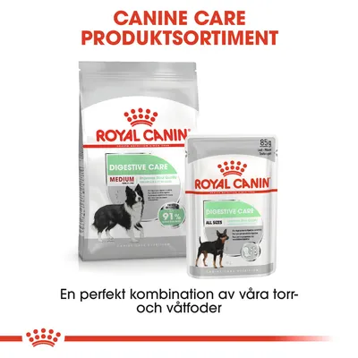 Royal Canin Digestive Care torrfoder Medium och våtfoder All Sizes. Text: Canine Care produktsortiment. En perfekt kombination av våra torr- och våtfoder.