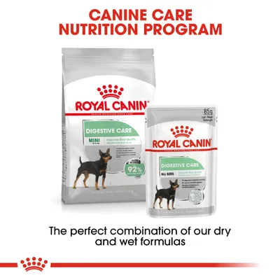 ROYAL CANIN DIGESTIVE CARE ξηρή και υγρή τροφή σκύλου. Πακέτο MINI και φακελάκι ALL SIZES, 85g. Κείμενο στα αγγλικά: Canine Care Nutrition Program, Improve Stool Quality, 92%.